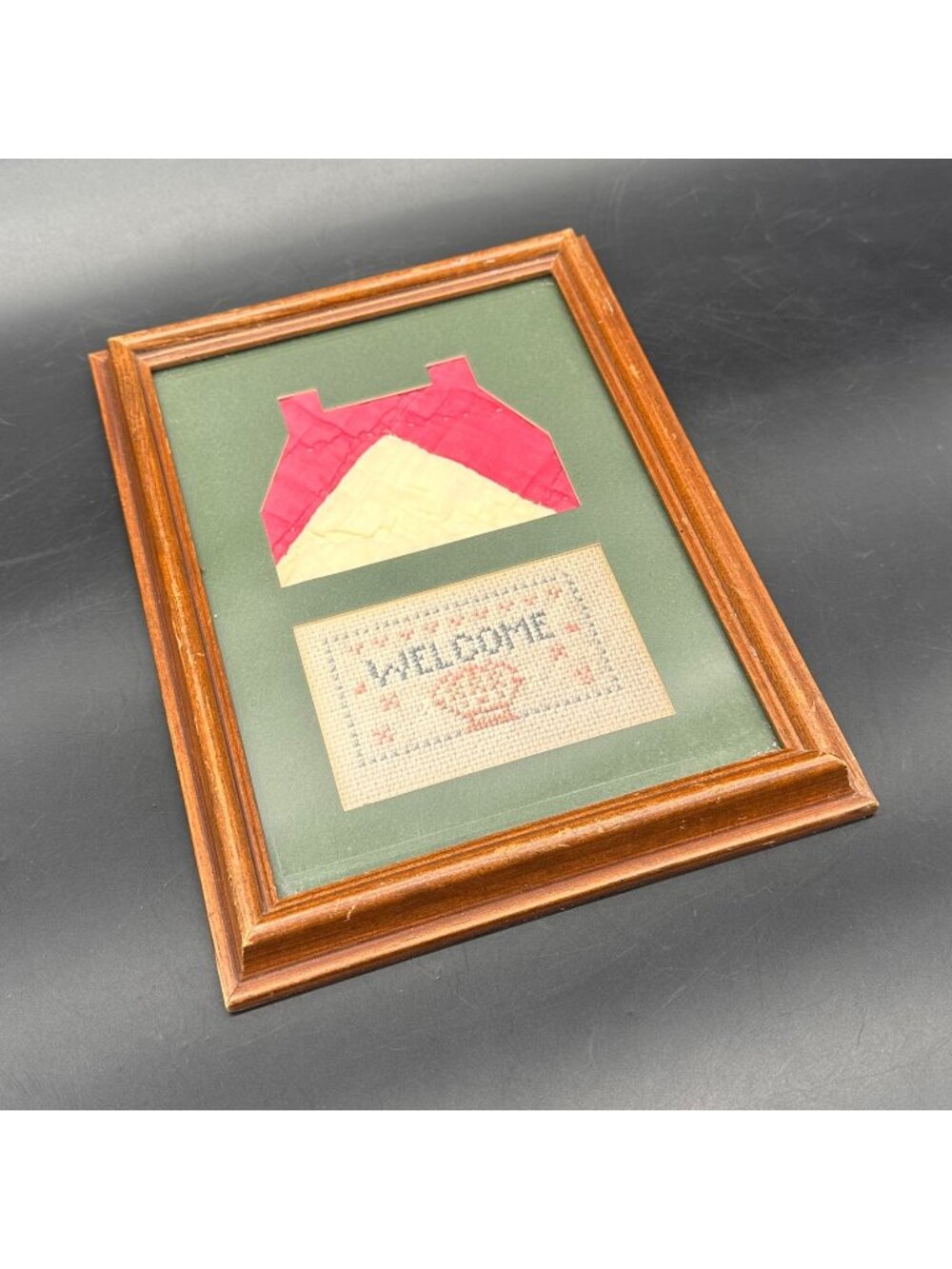 Vintage Framed Cross Stitch Welcome Quilt House Wall Art Farmhouse Cottage 1980s